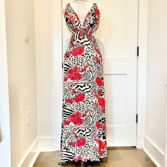 La Femme Women’s Size 0 Floral Print Open Back Formal Gown Maxi Dress Red Prom - Picture 1 of 14